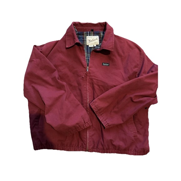 vtg Woolrich Jacket Mens XL Burgundy Plaid Lined Zip Canvas Harrington Outdoors - Picture 1 of 5